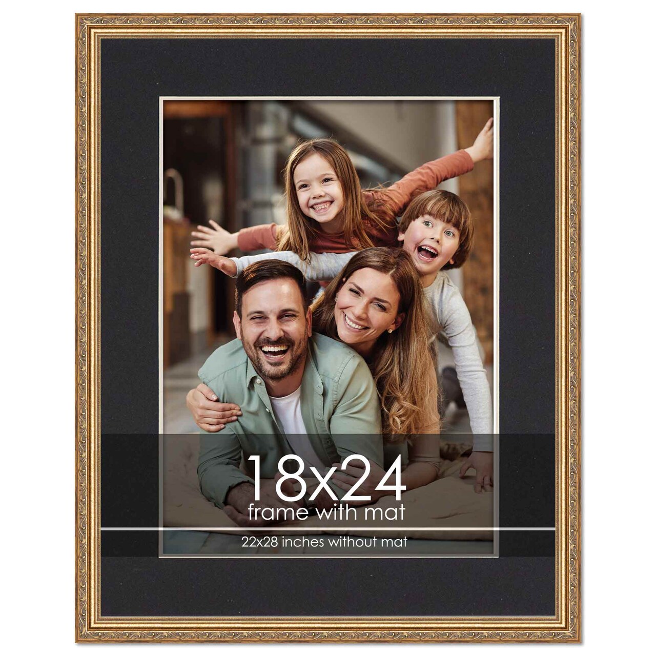 Antique Gold Frame with Black Photo Mat, UV Acrylic Front, Foam Board Backing, 60 Sizes Available